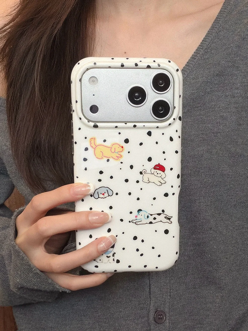 Charming Polka Dot Cartoon Puppy Phone Case with Dog Doll Wrist Lanyard