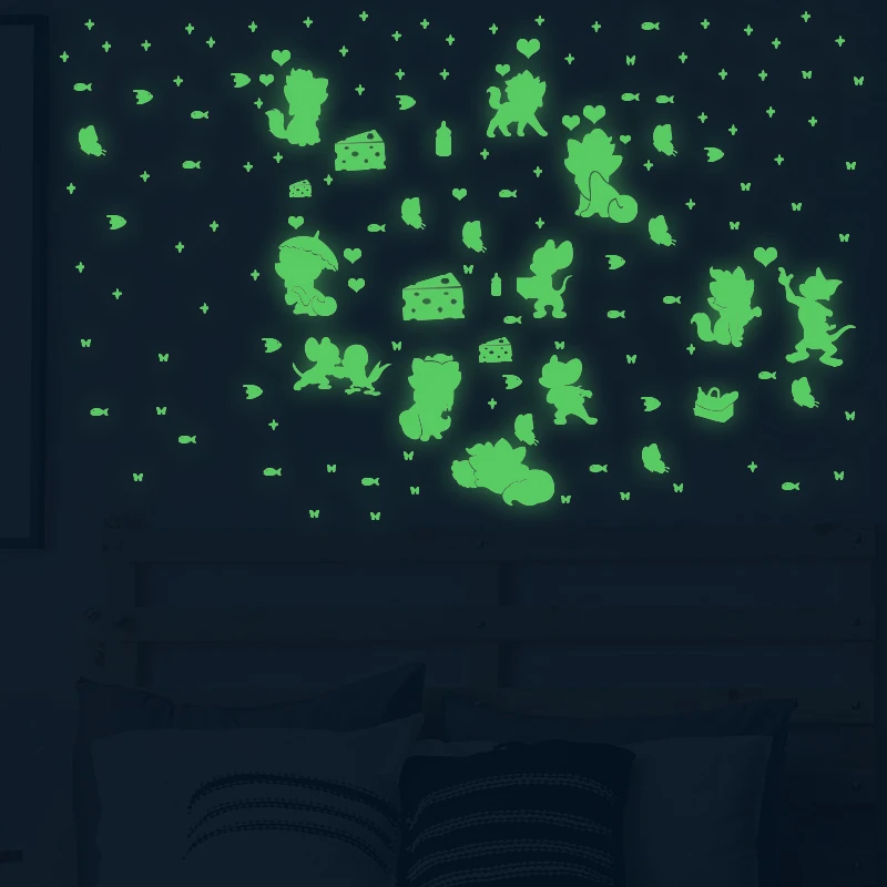 

Glow in the dark wall stickers cartoon cat and mouse fluorescent stickers glowing stickers in the dark luminous decoration room