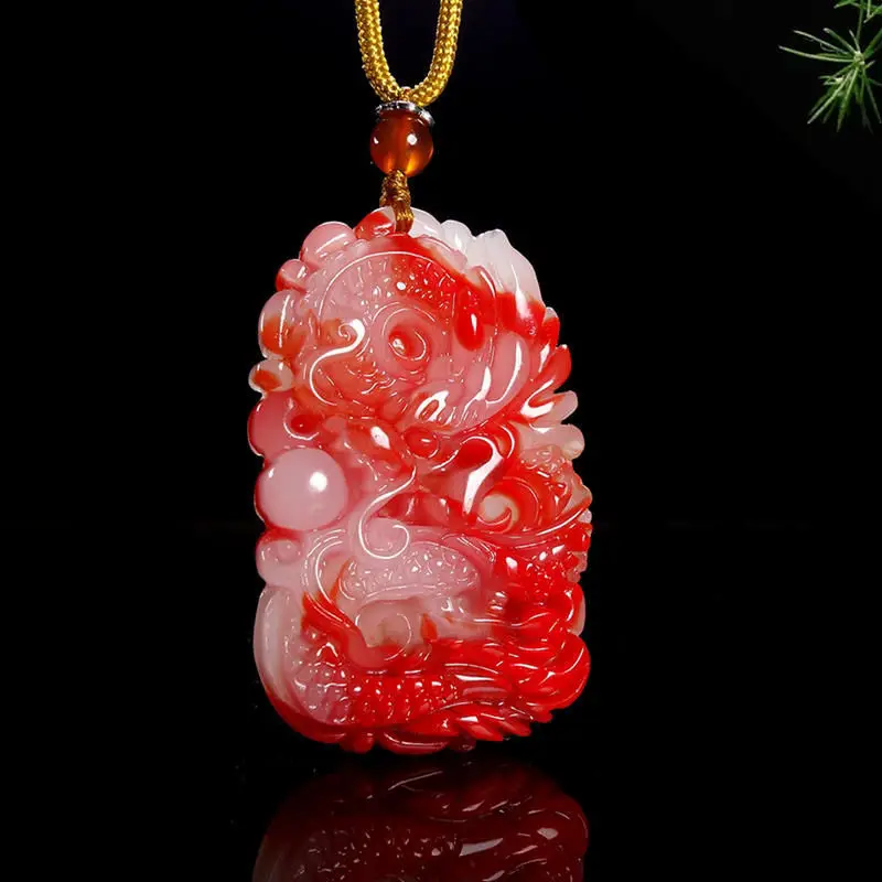 

Natural Red White Jade Zodiac Dragon Pendant Fashion Jewelry Necklace Chinese Carved Charm Amulet Jadeite Gifts for Women Men