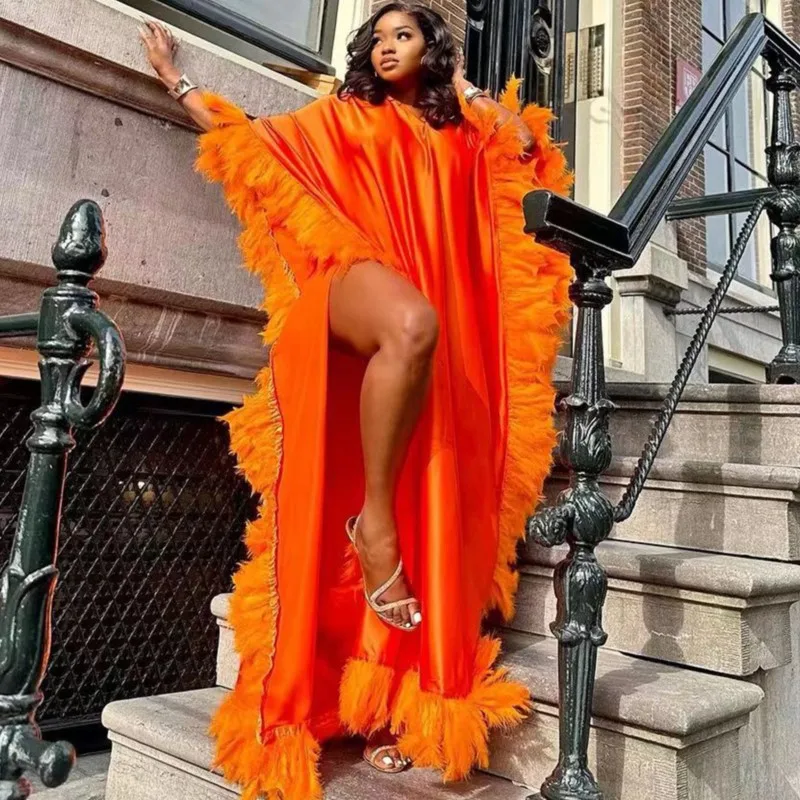 

African Dresses For Women 2024 New Arrival Loose Luxury Feather Slit Long Maxi Dress Robe Muslim Abaya High Quality Boubou Dress