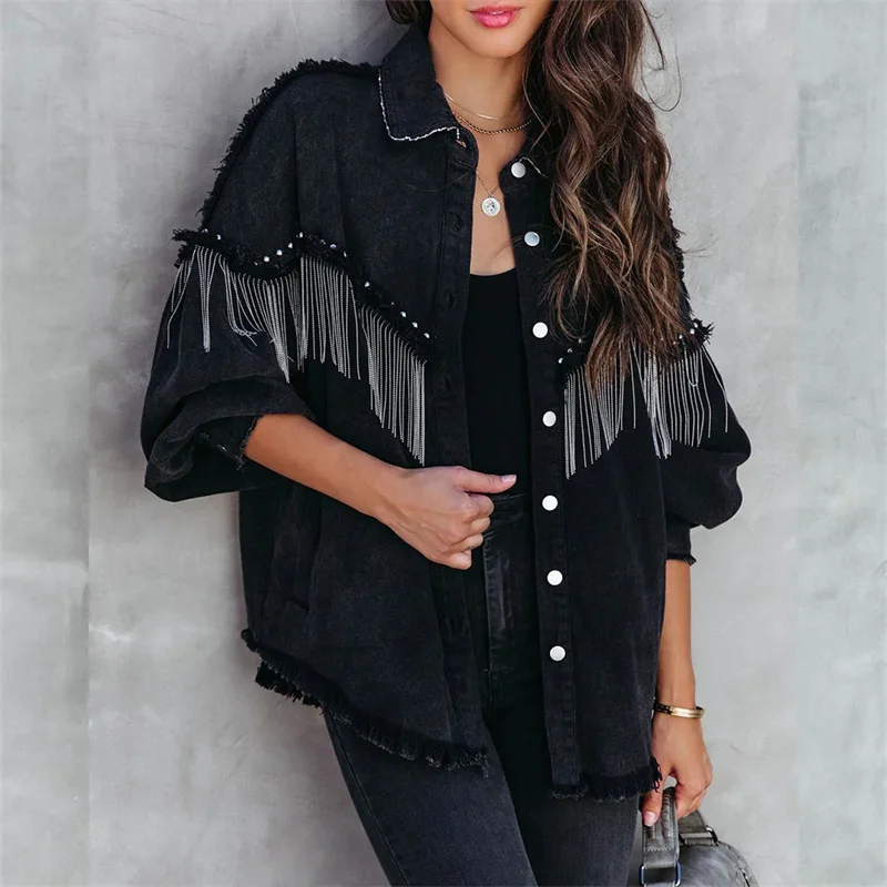 Fashion Chain Splicing Decoration Jacket Women Vintage Tassel Denim Coat Female Single-breasted Cardigan Casual Loose Outerwear