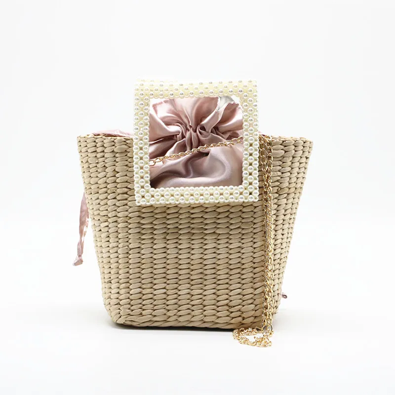 Summer Pearl Hand-woven Straw Bag Bohemian Travel Turf Grass Woven Bag Portable Diagonal Dual-use Bag Bow Decoration Female Bag 