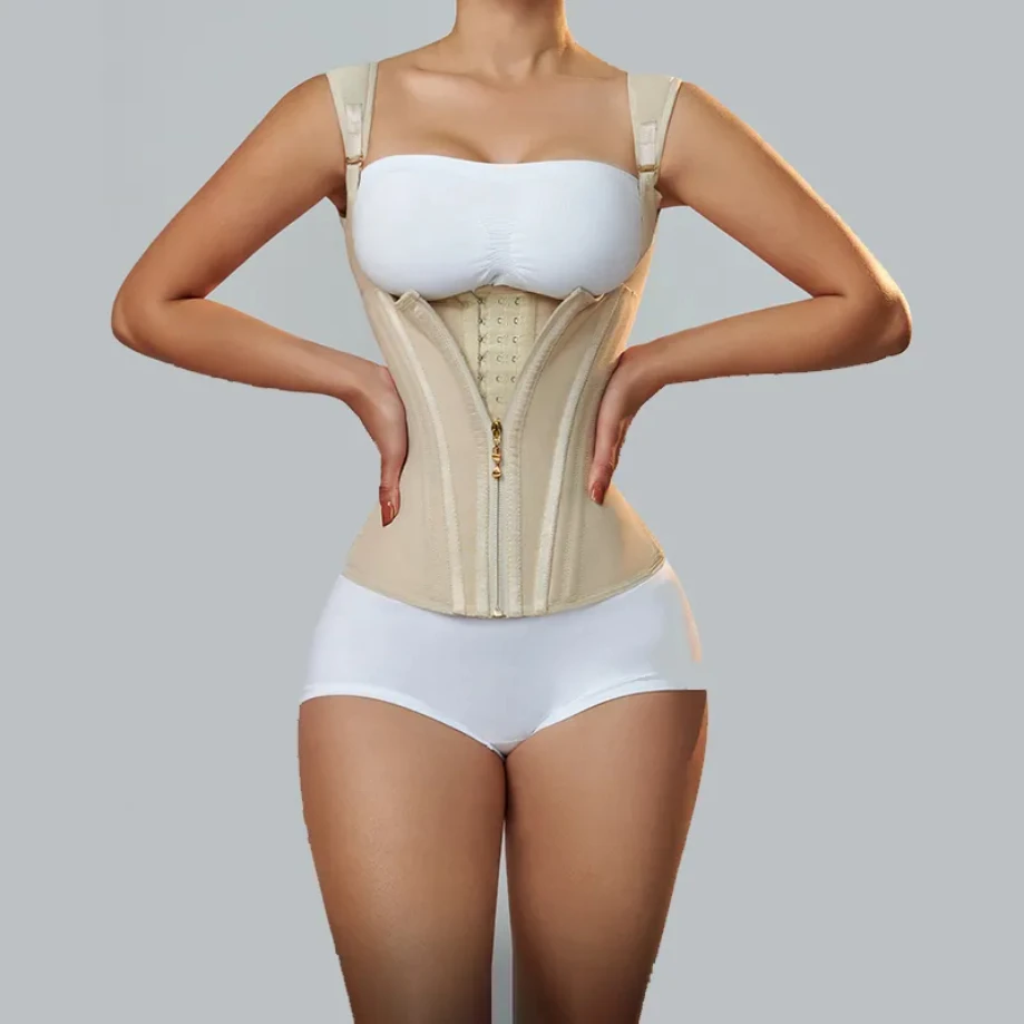 

Fajas Colombianas Women Double Compression Waist Trainer Corset with Bone Adjustable Zipper and Hook-eyes Flat Belly Body Shaper