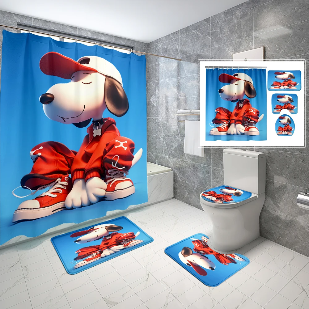 thumbnail image 1 of 1/4 piezas 70*70 pulgadas 1/4 piezas Juego de cortina de ducha impermeable con dibujos animados de Snoopy lindo con alfombras antideslizantes, tapa de inodoro, alfombrilla de baño, 12 ganchos, 1 of 5