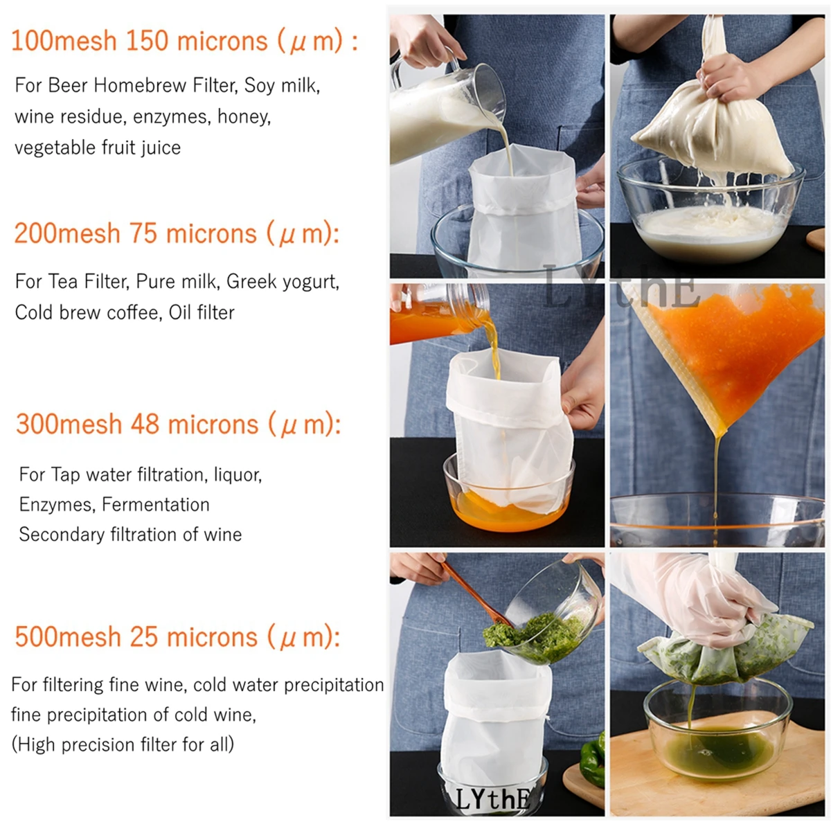 60/100/200/300/500Mesh Nylon Filter Bags Food Grade Filter Net Tea Beer Milk Coffee Oil Strainer Bag Mesh Kitchen Filters Fabric