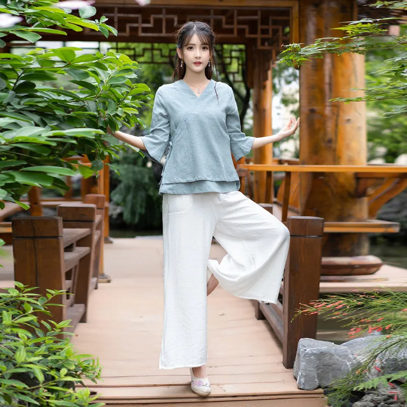 

Women Yoga Set Chinese Traditional Meditation Tai Chi Uniforms Linen Wide Leg Yoga Pants Shirts Kung Fu Martial Arts Casual Wear