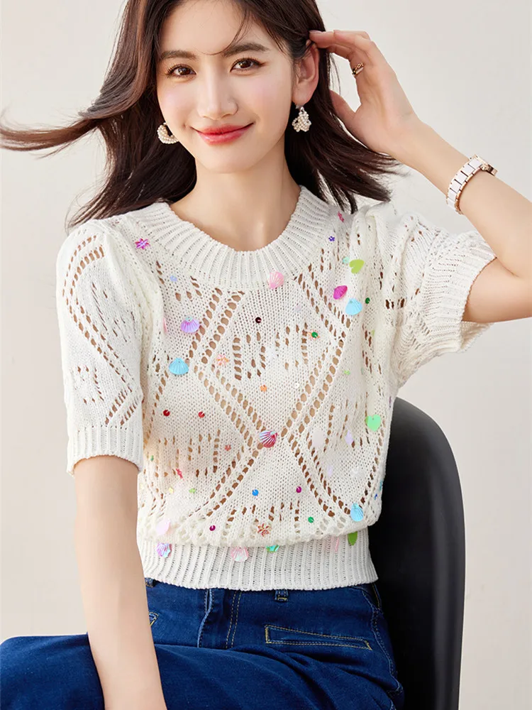 

Sequins Elegant Knit T-shirt Women Hollow Out Short Sleeve Knitwear Tops Summer Stylish Chic Fashion Ladies Jumper 2024