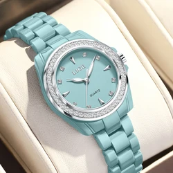 Elegant Ceramic Women's Quartz Watch - Fashionable Waterproof Luminous Timepiece with Gift Box (Silver green)