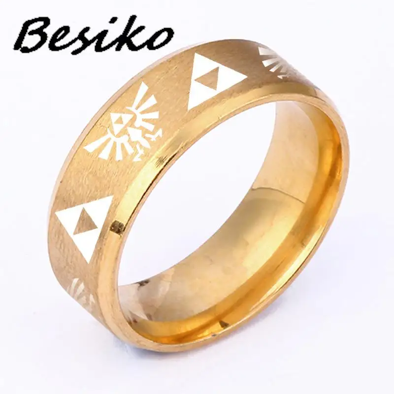 Besiko 8mm The Legend of Triforce Triangle Symbol Band Ring for Men Women 316L Stainless Steel Cosplay Finger Rings 5