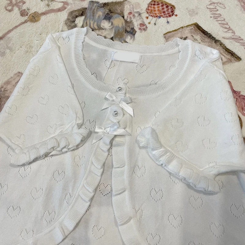 Cute Knitted Cardigan Women Pearl Button Bow Decoration Heart Hollow Out Short Sweater for Sweet Girl Kawaii Clothes
