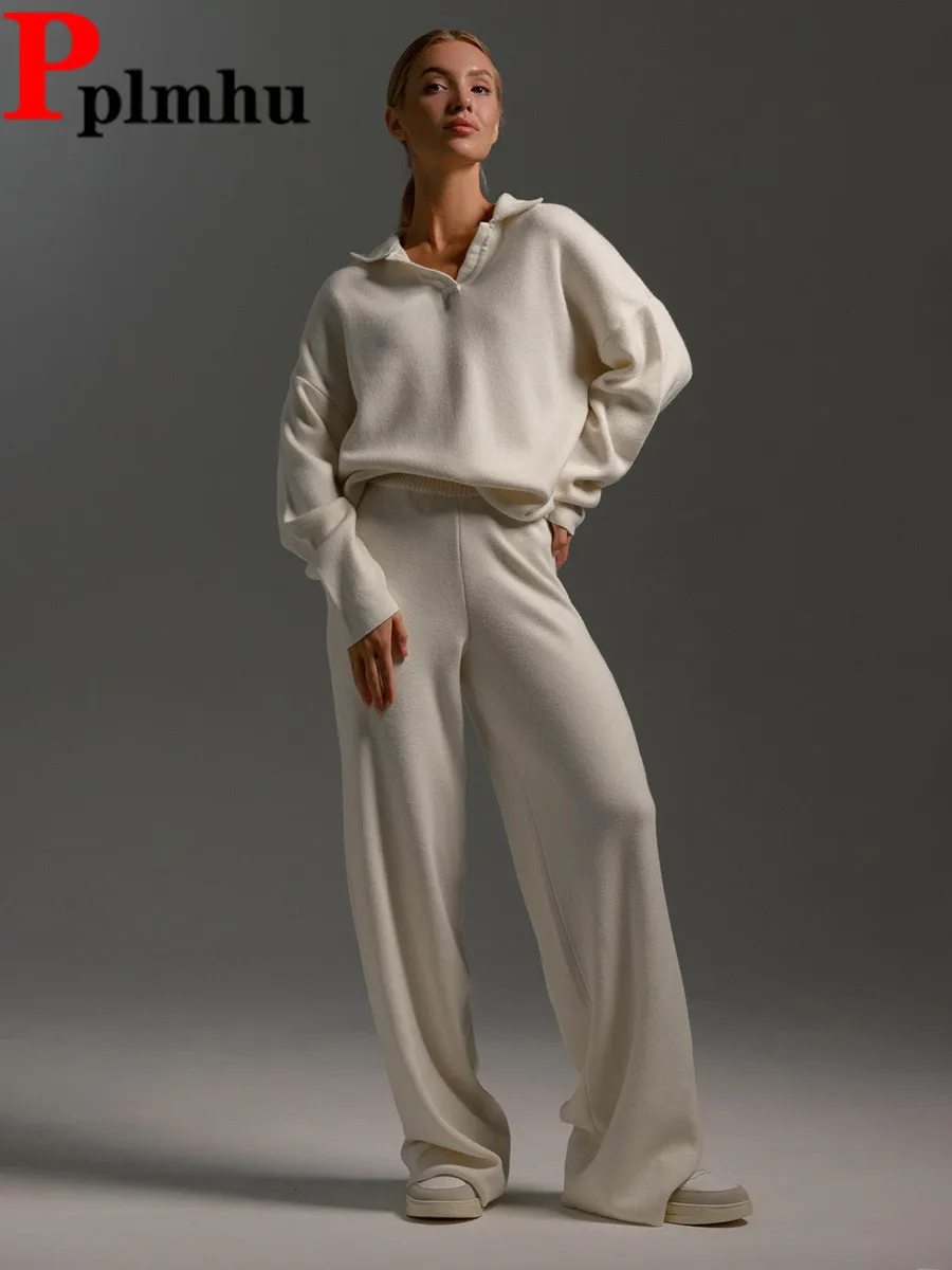 Senior Knitted Sweater 2 Pieces Sets Korean Loose Jerseys Pullover Tops Conjuntos Casual Baggy High Waist Wide Leg Pants Suits rhinestone knit sweater 2 pieces sets korean half turtleneck jerseys pullover tops conjuntos high waist wide leg pants suits