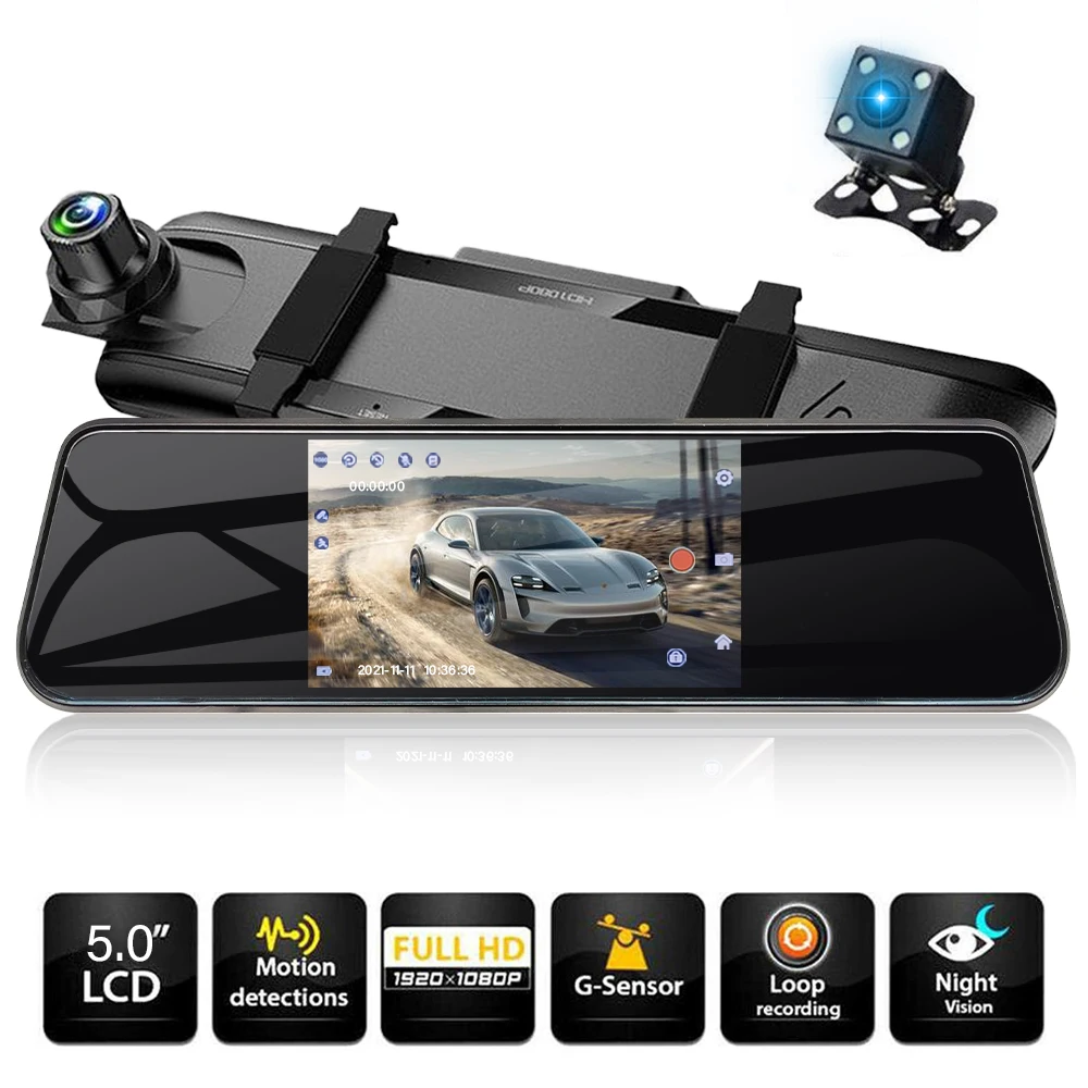 1080P Fhd 5 Pollici Touch Screen Specchietto Retrovisore Per Auto Per Registratore Auto Dvr Visione Notturna Dash Cam Dual Lens