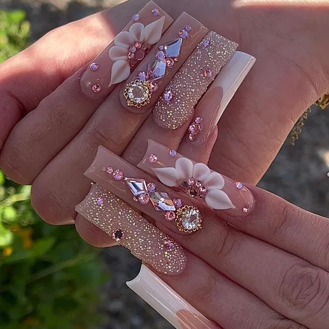 Full Rhinestones Pink Fake Nails French Long Coffin Full Cover