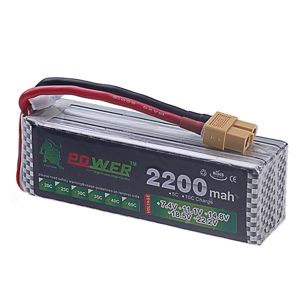 Batterie LiPo 14.8V 2200mAh 4S 60C pour Drone RC avec Connecteurs T/JST/XT30/XT60
