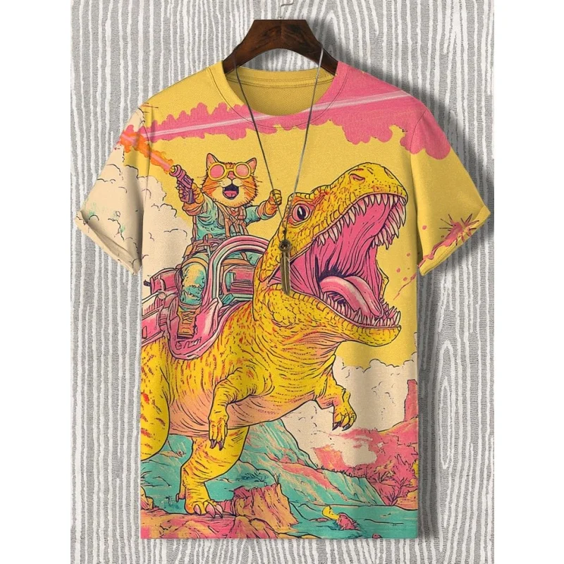 3D Printed T Shirts Funny Cat Dinosaur Graphic Men's Casual Oversized Round Neck