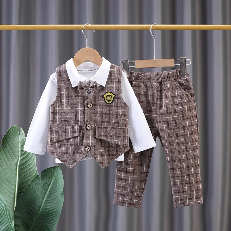 

1st Birthday Boy Outfit 2024 Spring Korean Style Gentleman Plaid Vest + White T-shirts + Pants Kids Suit Childrens Clothing Set