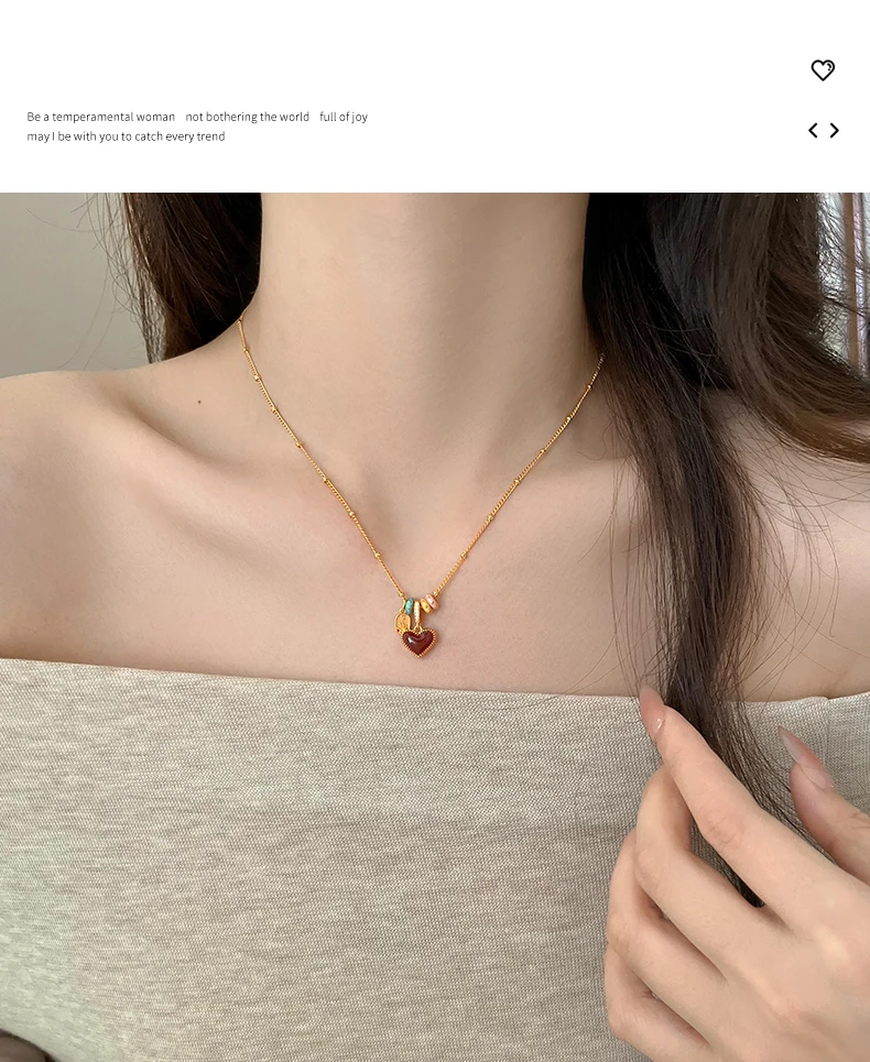 Doppelseitiger herzförmiger Anhänger aus Emaille in Rot, vergoldet, 18 Karat, mit Kette für Damen, süßer Schmuck, Schlüsselbeinkette – Detail 9