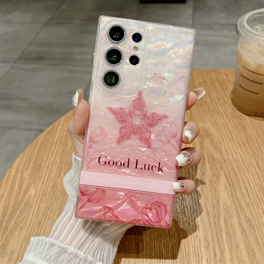 Luxury Gradient Laser Shell Case with Glitter Camera Protection and Cartoon Design