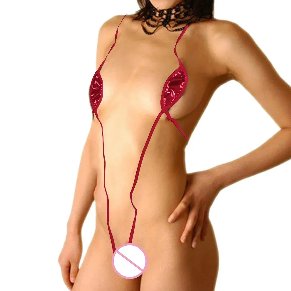 Bikini Set 1 Set Women Sexy Underwear Slight Strech Thong PU Patent Leather Swimsuit