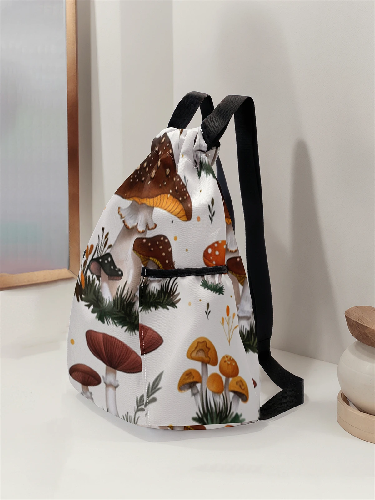 Mushroom Pattern Drawstring Backpack - Large Capacity Durable Fitness Bag, Adjustable Shoulder Strap, Sports Beach Backpack