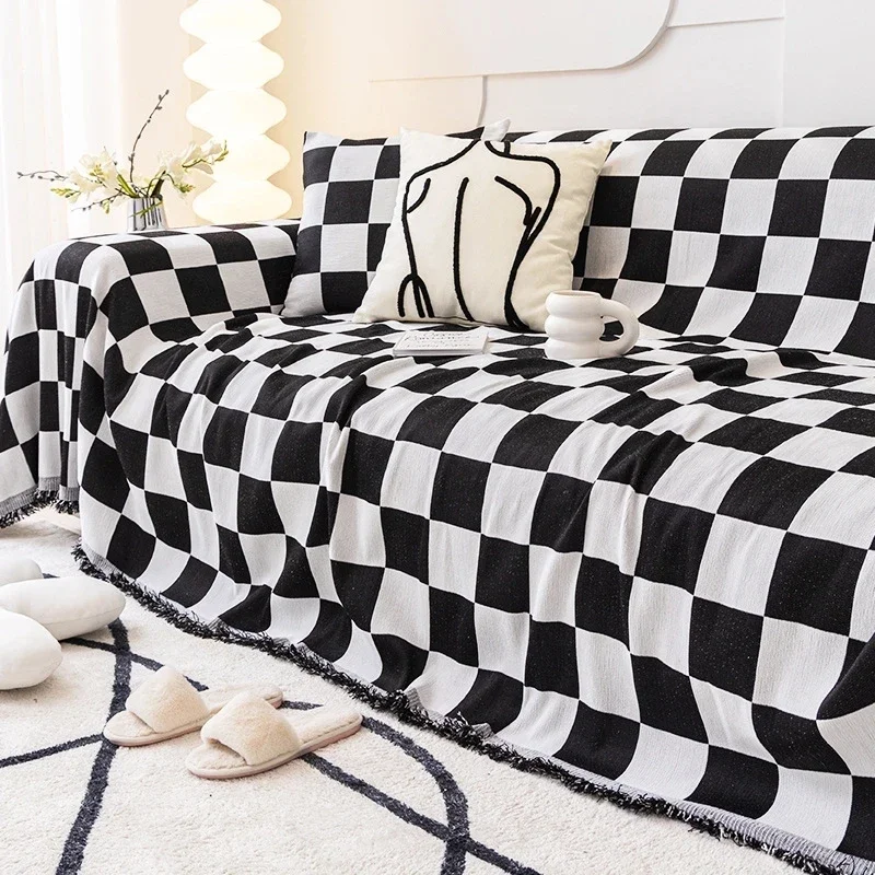 

For Nordic Ins Summer Beds Sofa Bed Sofa Cover Throw Blanket Picnic With Tassel UniversalDecorativeChessboard Blanekets Plaid