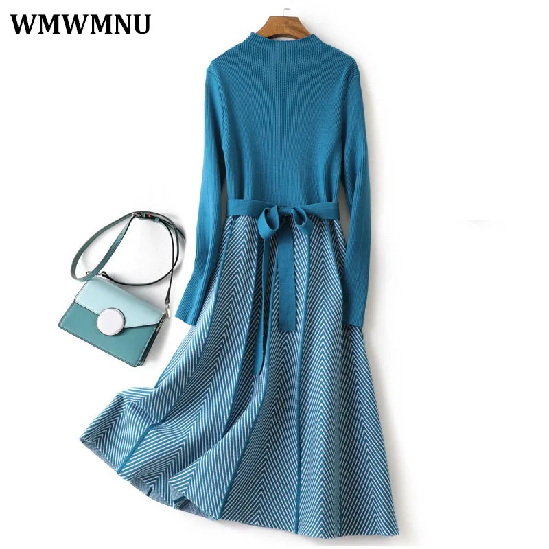 

Autumn Winter Korean Belted Pleated Knitted Dress Women Elegant Half Turtleneck Sweater Dresses Casual Midi Vestidos Mujer 2022