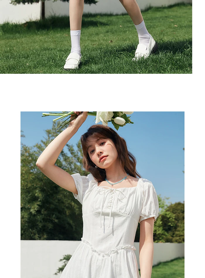 Vestido de mujer con diseño de orillo fibroso, nuevo vestido de verano retro de cuello cuadrado estilo palacio, vestido corto