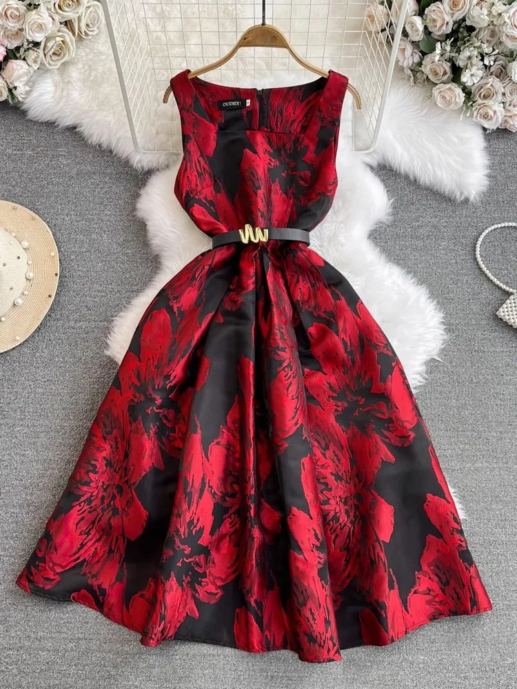 New Designer Runway Jacquard Dress Women's Sleeveless Tank O Neck Vacation Floral Print Belt Ball Gown Long Robe Vestidos