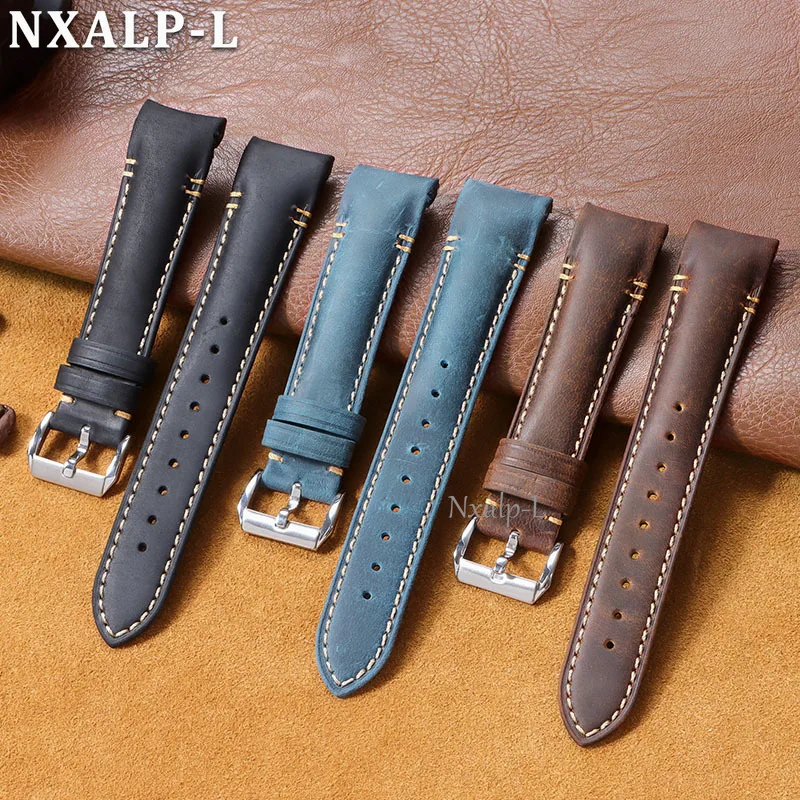 Premium Curved End Leather Watch Band - Handmade Oil Wax Cowhide with High-Quality Stitching (20mm/22mm)
