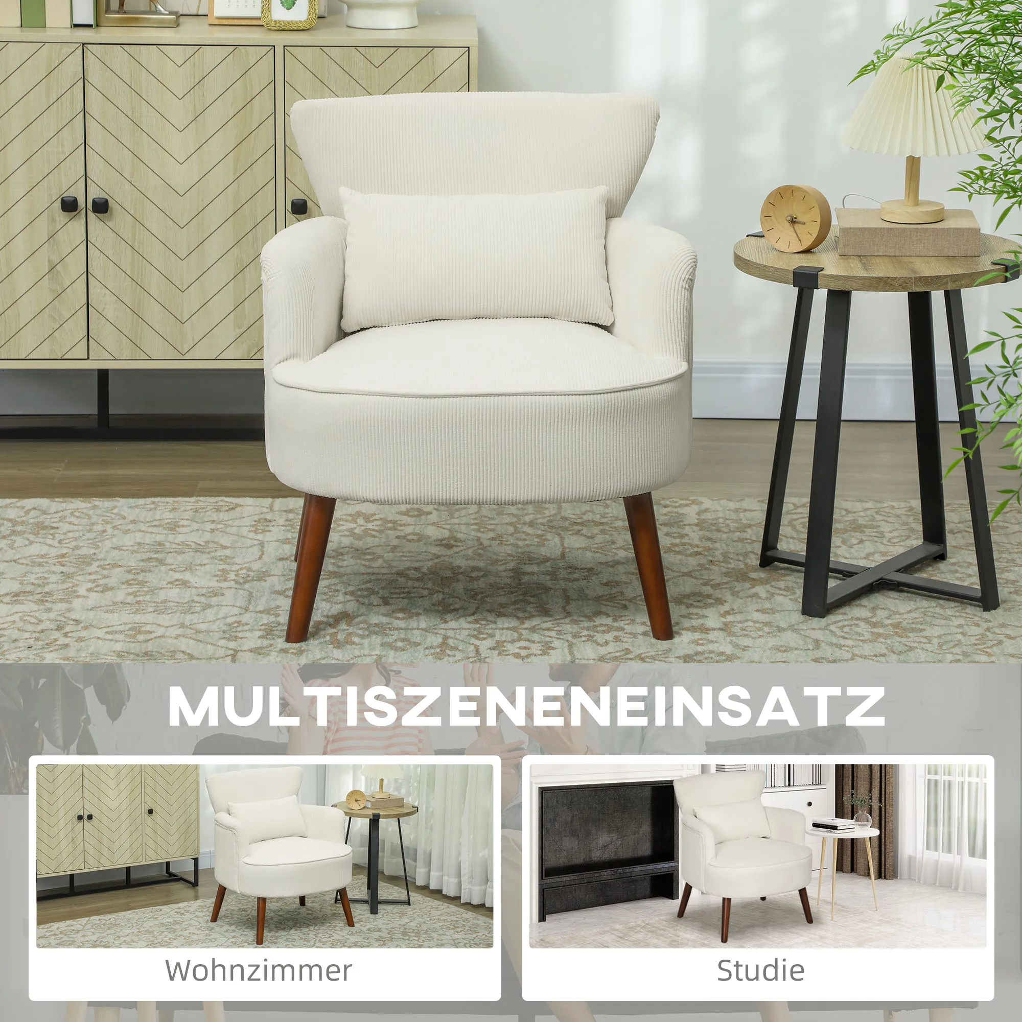Sessel mit Rückenlehne, abgerundete Armlehnen, gepolsterter Loungesessel mit Cordoptik, Holzbeine, für Schlafzimmer, bis 120 kg – Detail 7