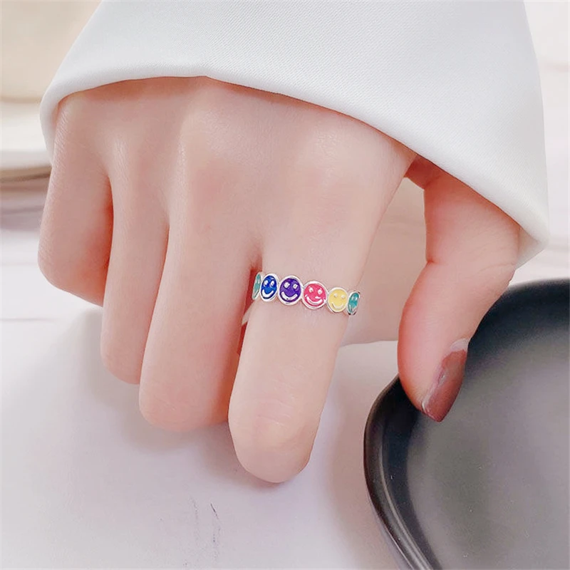 WYEAIIR 925 Sterling Silver Color Glazed Cute Smiling Face Cartoon Resizable Opening Ring For Women Luxury Jewelry 3