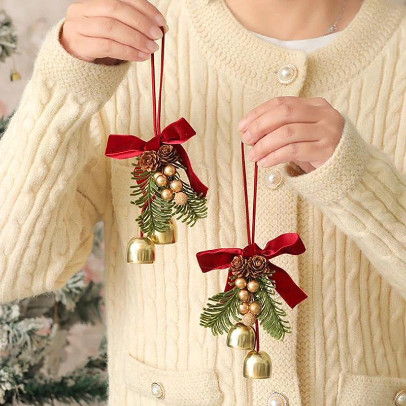 Christmas Jingle Bells Door Hanger Ornament Velvet Bow Pine Cone Bell Pendants For Christmas Decoration 2025 Christmas Gift Noel