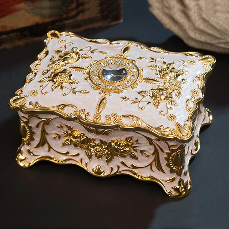 

Rectangle Rose Gold White Jeweled Metal Trinket Box Vintage Home Wedding Decor Bejeweled Zinc Alloy Jewelry Box With Black Inlay