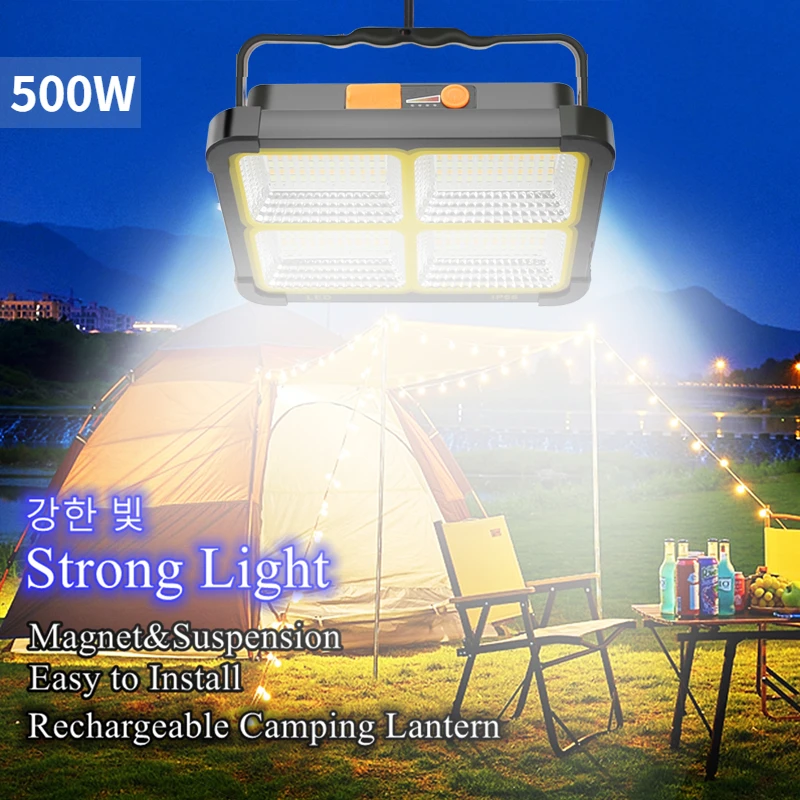 

500W USB Rechargeable LED Solar Flood Light 10000mAH with Magnet Strong Light Portable Camping Tent Lamp Work Repair Lighting