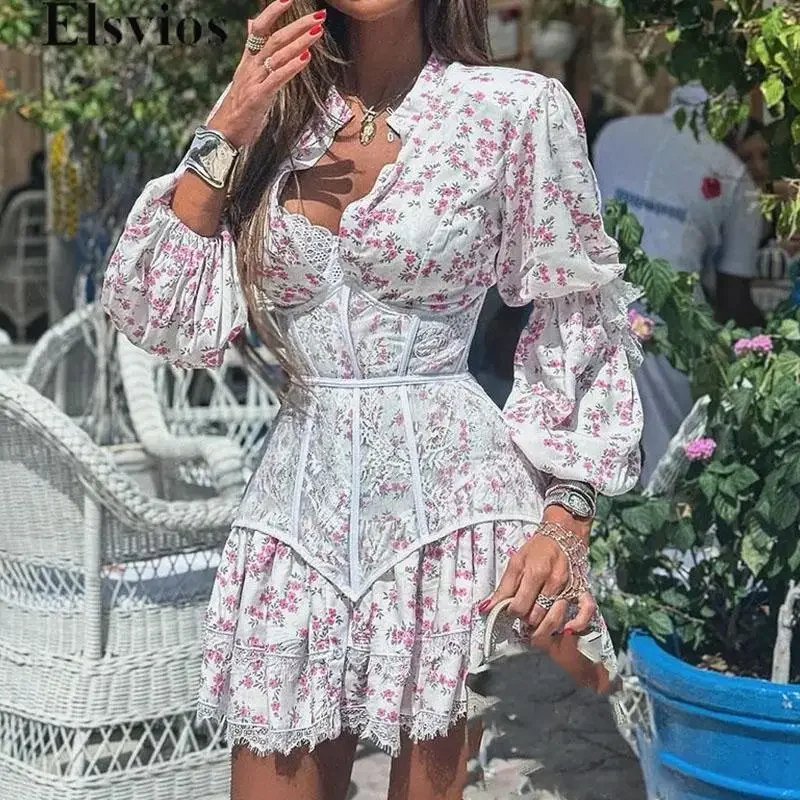 2025 Women Patchwork Lace Waist A-line Dress Sexy V-neck