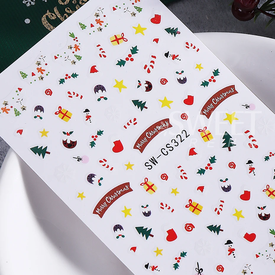 2pcs Christmas Nail Stickers Cute Gingerbread man Elk Xmas Tree Leaves Holly DIY Winter Gift Decals Sliders Manicure Decoration