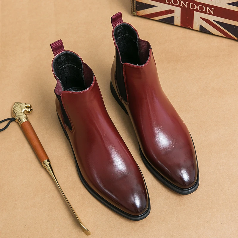 Men New Chelsea Boots Pointed Red Leather Shoes Anti slip and Wear resistant High Quality Ankle Boots Size 38-46 Men boots