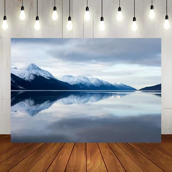 시베리안 풍경 숲 눈 호수 오두막 생일 파티 사진 배경 배너 장식, 베이비 샤워