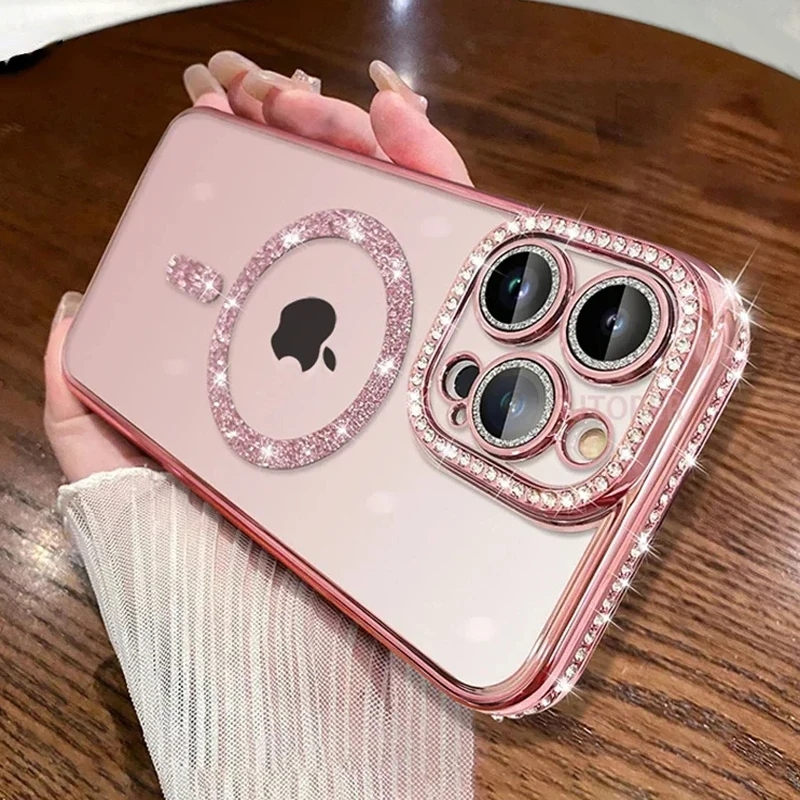 Luxury Bling Crystal Lens Film Case with MagSafe and Wireless Charging Compatibility