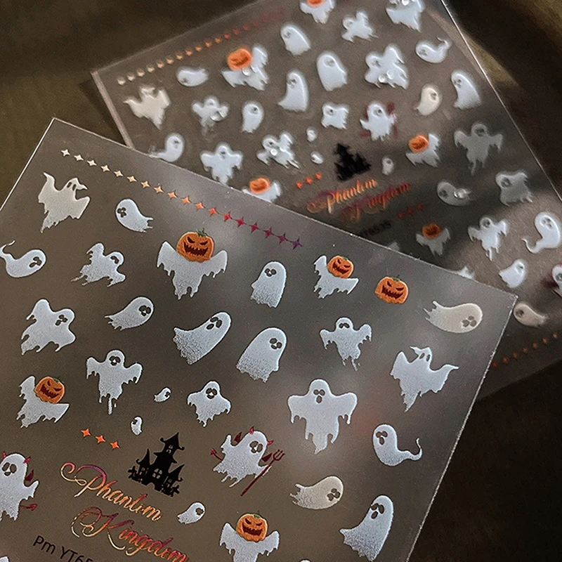 1 Sheet Halloween Ghost Nail Stickers - White Flutter Pumpkin Self-Adhesive Nail Decals, DIY Manicure Charms for Women Salon