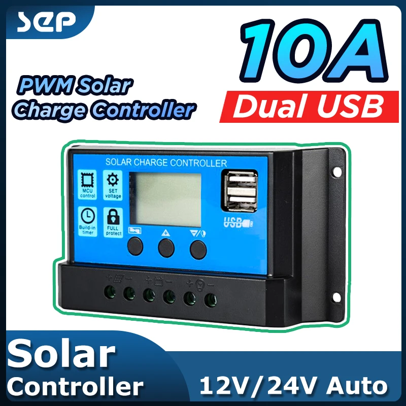 New Solar Controller Dual USB 5V Output LCD Display PWM Battery Charger 10A 12V/24V Solar Panel Charger Discharger Controller battery charger solar charger solar battery charge controller