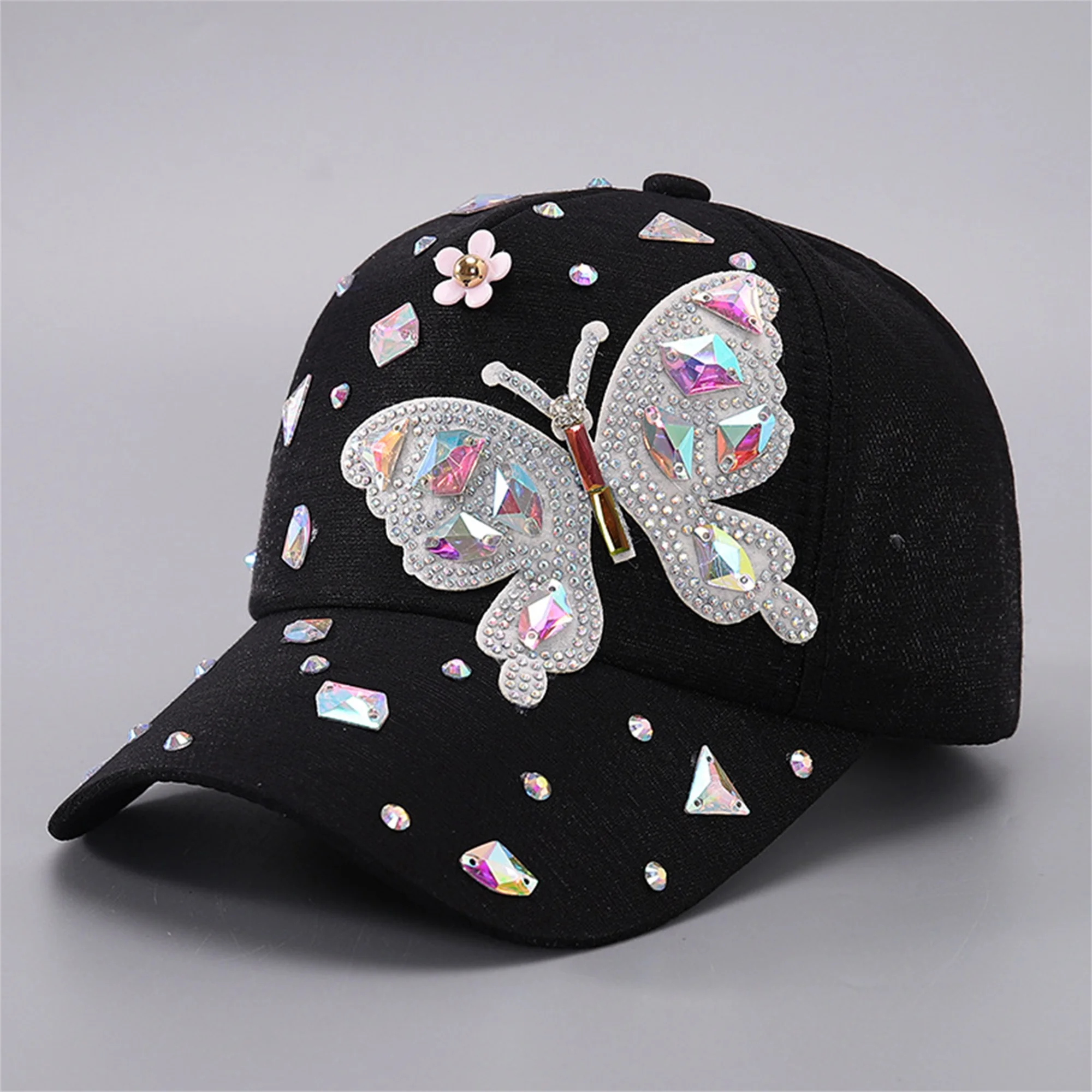 Fashionable Women s Baseball Cap with Sparkling Rhinestone Butterfly Embellishment Adjustable Strap and Wide Brim for Sun