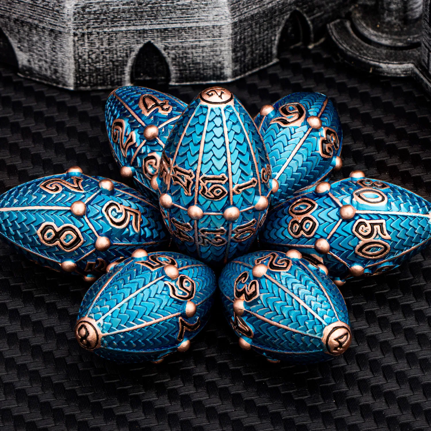 ARUOHHA Copper Blue DND Metal Dice Dragon Egg Dice D20 Dungeon and Dragon Role Playing Game D&D Polyhedral D and D Set