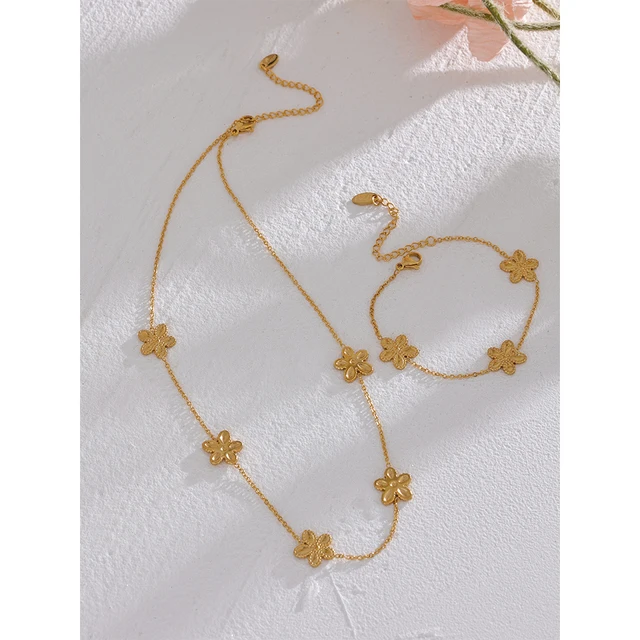 Yhpup Trendy Flower Chain Gold Color Necklace Bracelet Bangle Stainless Steel Summer Jewelry for Women Waterproof Party Gift 3