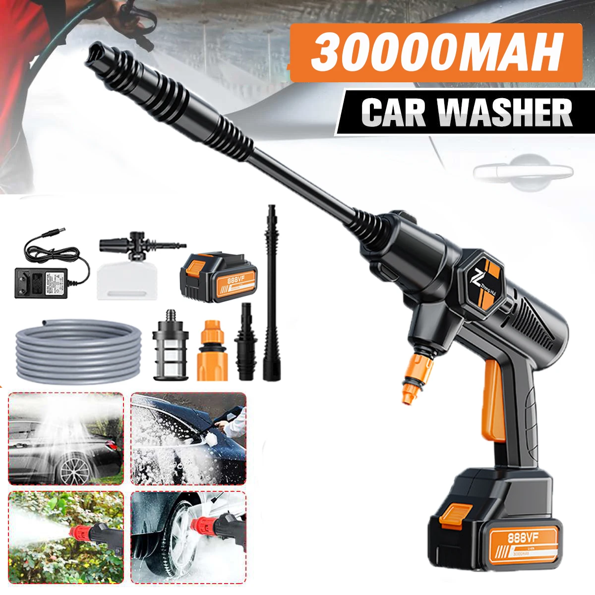 무선 고압 자동차 와셔, 세탁기 배터리, 휴대용 와셔, 거품 발생기, 토네이도 자동차 액세서리, 30000mAh 