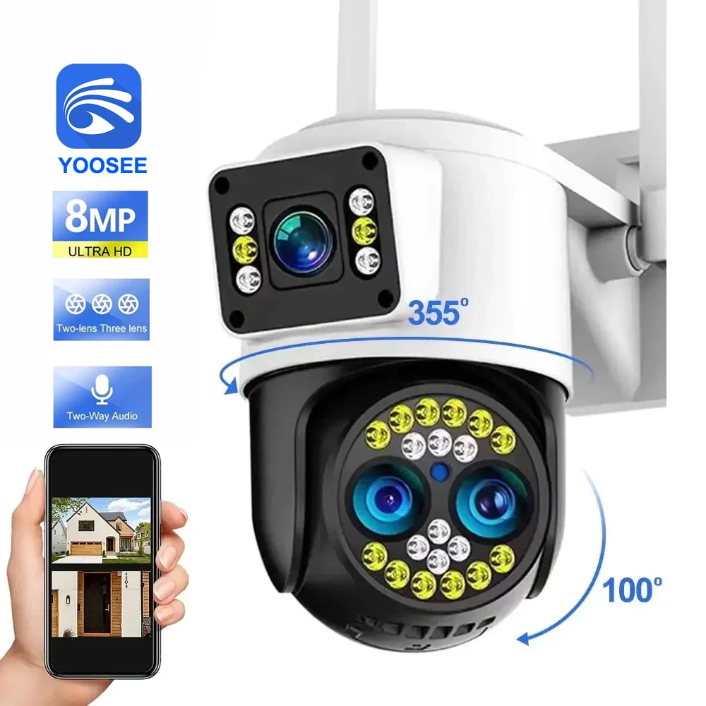 Yoosee 4K 8MP три объектива двойной экран 10X зум Wifi PTZ камера двухстороннее аудио цветное ночное видение наружная камера системы безопасности