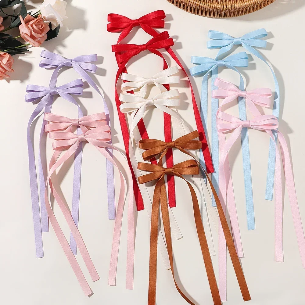 2pcs Ins Style Ribbon Bow Headband Long Tassel Hair Clip Women's Hair Accessories Girls Christmas Party Hair Accessories 2pcs set christmas new year party decor hair bows girl kids christmas decorations supplies baby hair accessories gift wholesale