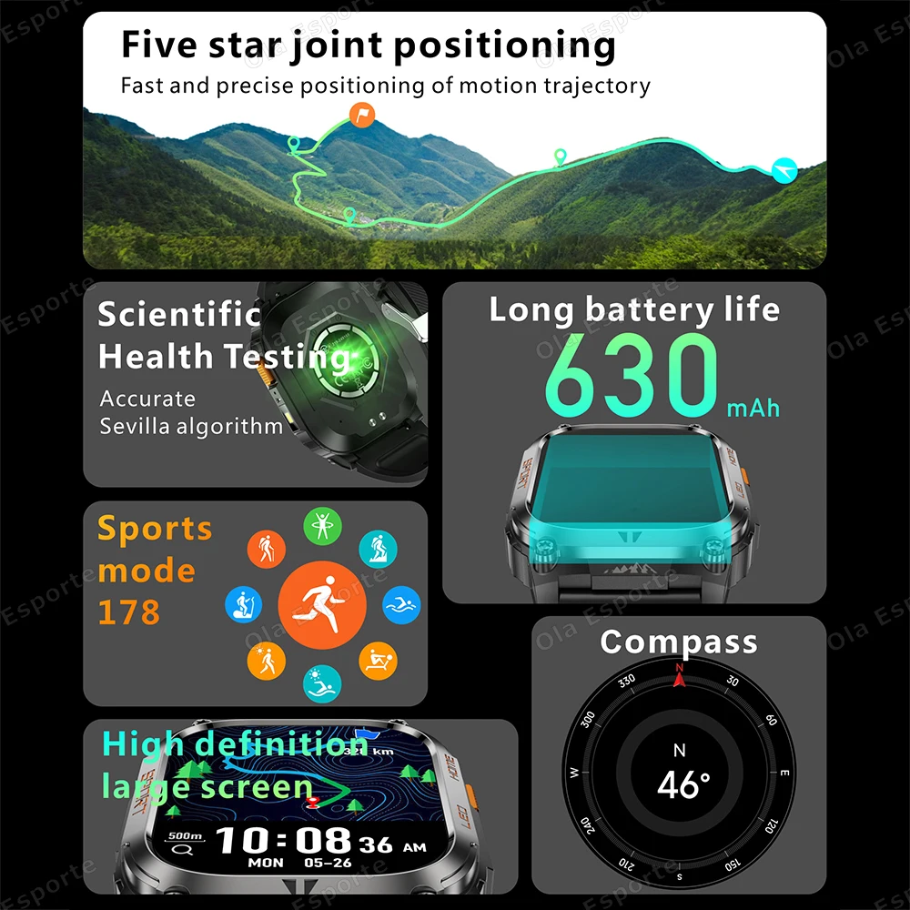 New Outdoor Military GPS Smart Watch IP68 Waterproof Men Bluetooth Call Health Monitor Flashlight 170+ Sports Modes Smartwatch