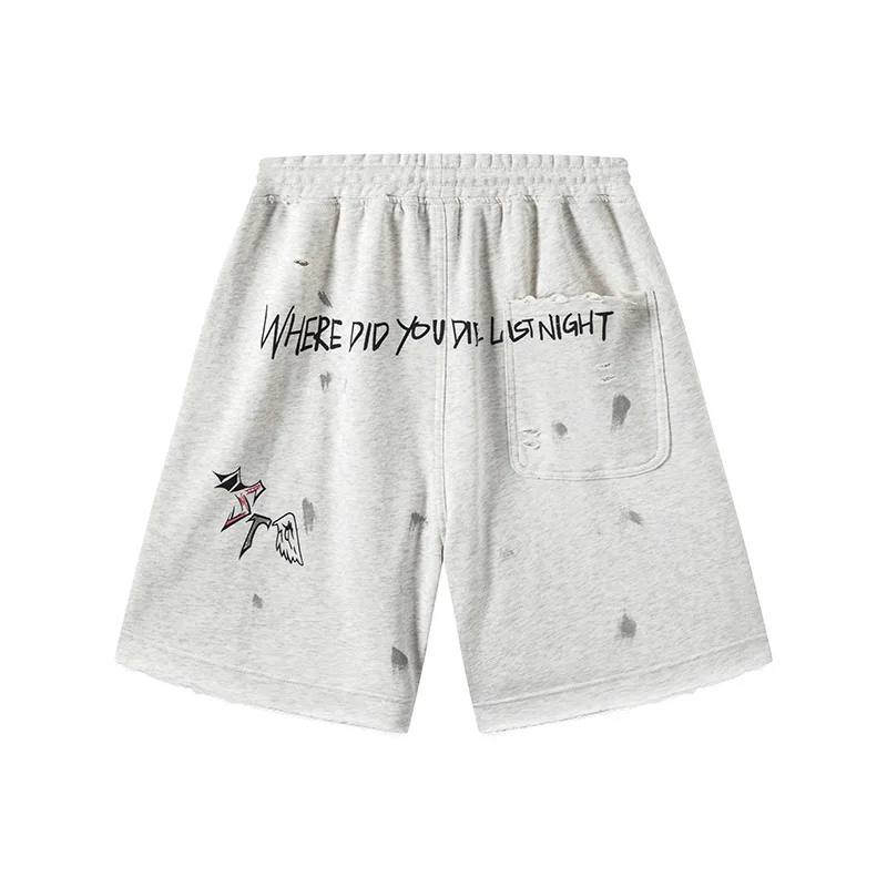Hip Hop Washed Do Old Damaged Graffiti Saint Louis Shorts Men Woman 1:1 Vintage Cotton Casual Drawstring Joggers Breeches