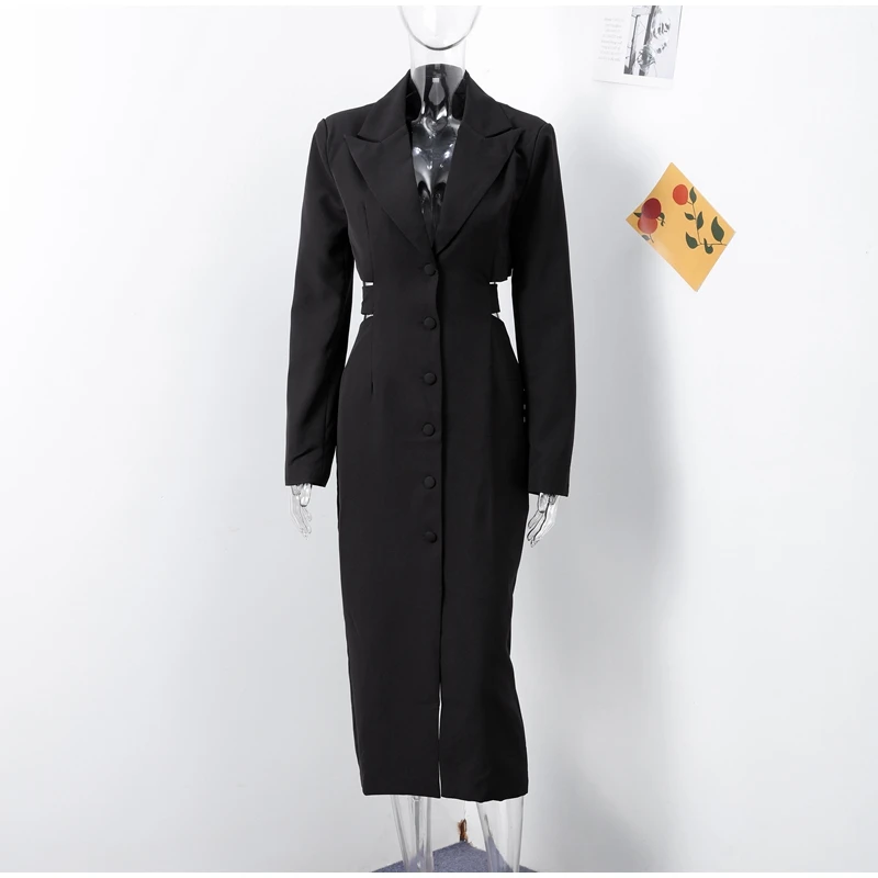 Elegante traje liso, vestidos largos para mujer, vintage, ajustado, sin espalda, con solapa y botonadura sencilla, vestido de otoño para mujer, versátil, para oficina y ropa de calle.